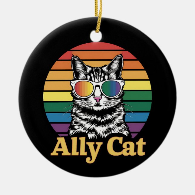 Ally Cat LGBT Rainbow Flagga LGBTQ Gift Julgransprydnad Keramik (Framsidan)