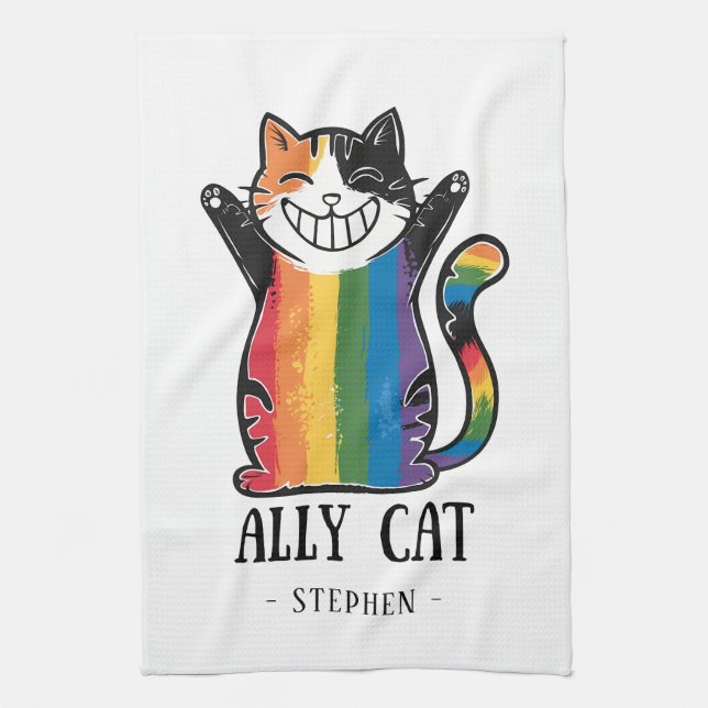 Ally Cat - Rainbow Cat LGBTQ-Pride (2) Kökshandduk (Vertikal)