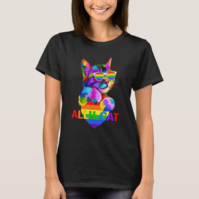 Ally Cat Rainbow Flagga Heart för LGB Gay och Lesb T Shirt (Framsida)