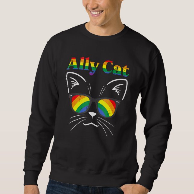 Ally Cat Rainbow Sunglasses LGBT Gay Pride Kitty A Lång Ärmad Tröja (Framsida)