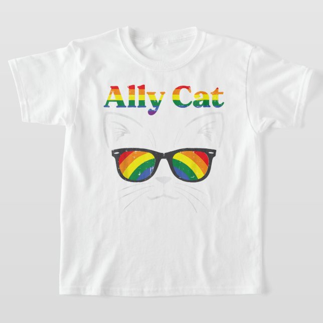 Ally Cat Sunglasses Gay Rainbow Pride HBT-stöd T Shirt (Laydown)