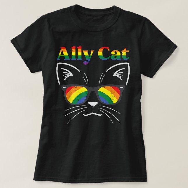 Ally Cat Sunglasses Gay Rainbow Pride HBT-stöd T Shirt (Design framsida)
