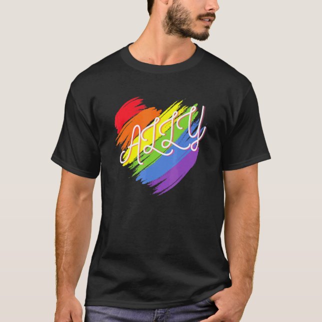 Ally Heart Gay pride Lqbtq Rainbow T Shirt (Framsida)