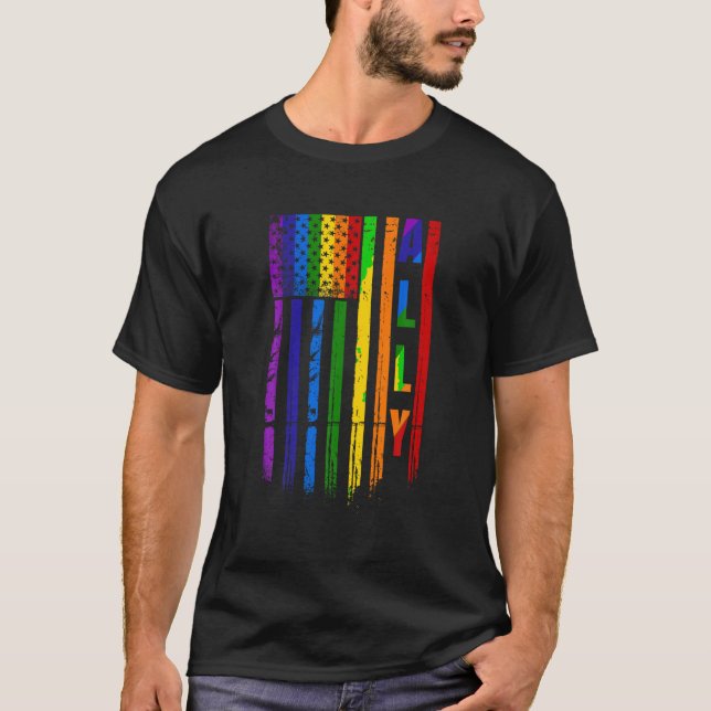 Ally LGBT HGBTQ Rainbow Pride American Flagga 4:e  T Shirt (Framsida)