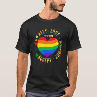 Ally Love Support Accept LGBTQ+ Rainbow Heart Gay  T Shirt