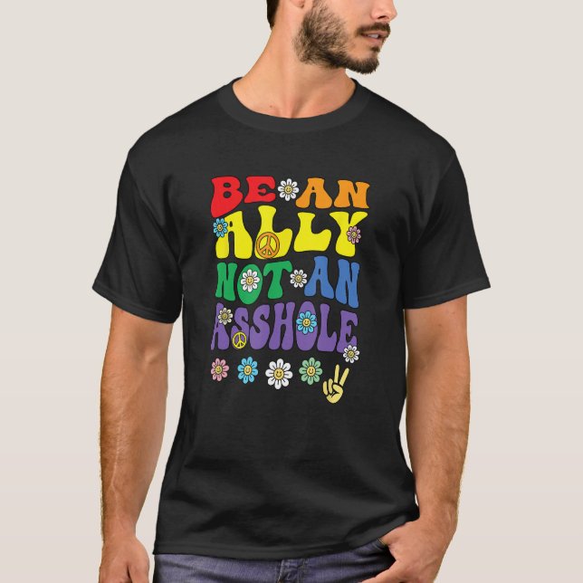 Ally Pride Rainbow  Retro Groovy LGBTQ Say Gay T Shirt (Framsida)