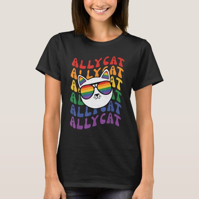AllyCat  Ally Cat Gay Pride Rainbow Sunglasses LGB T Shirt (Framsida)
