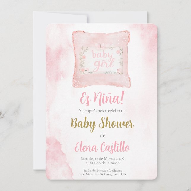 Almohada Baby Shower Girl på spanska Inbjudningar (Framsida)