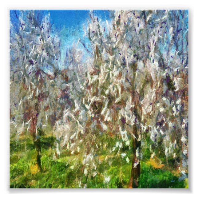 Almond Blommar Pointillism Dot Art Painting Fototryck (Framsidan)