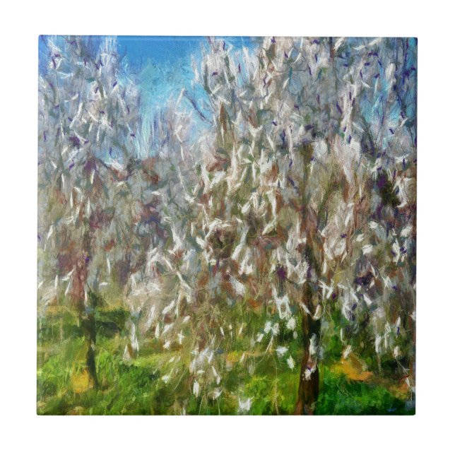 Almond Blommar Pointillism Dot Art Painting Kakelplatta (Framsidan)