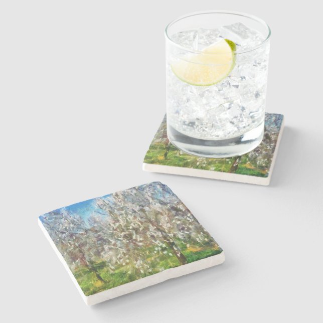 Almond Blommar Pointillism Dot Art Painting Stenunderlägg (Sidan)