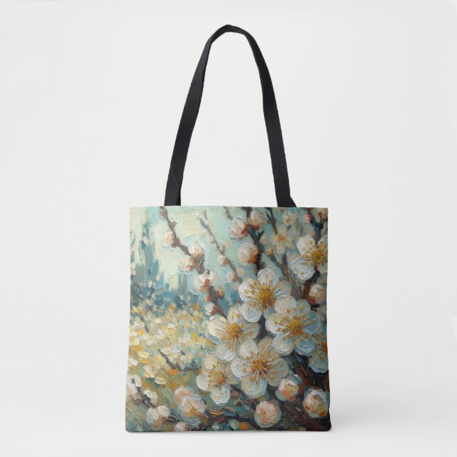 Almond Blommar Tote Bag Pastel Oljemålning Stil Tygkasse (Framsida)