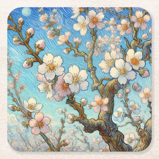 Almond Blossoms (Vincent van Gogh) Underlägg Papper Kvadrat (Framsidan)