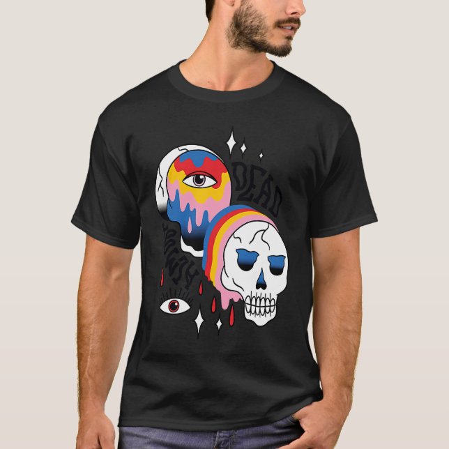 Almost Dead Weird Bizarre Skull Rainbow T Shirt (Framsida)