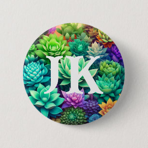 Aloe Vera och Succulents Collage Monogrammed Knapp