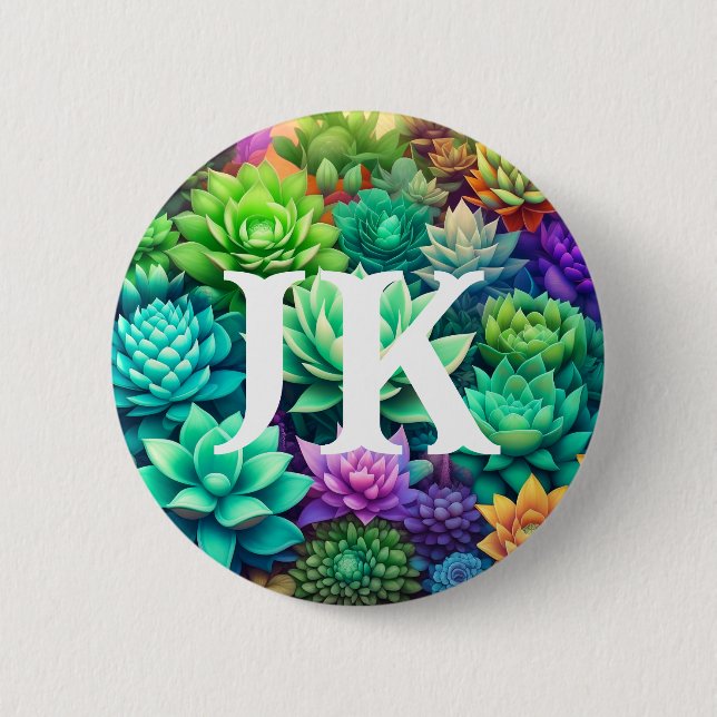 Aloe Vera och Succulents Collage Monogrammed Knapp (Framsida)