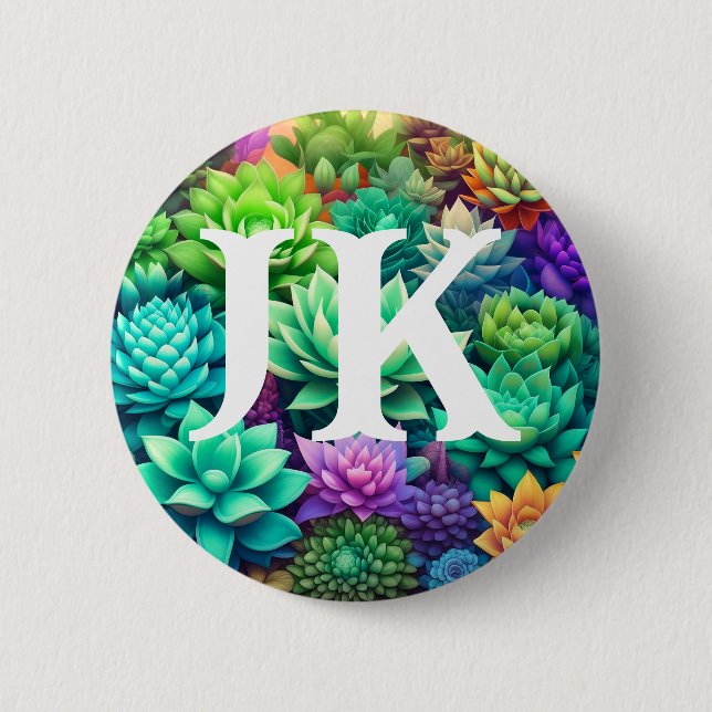 Aloe Vera och Succulents Collage Monogrammed Knapp (Framsida)