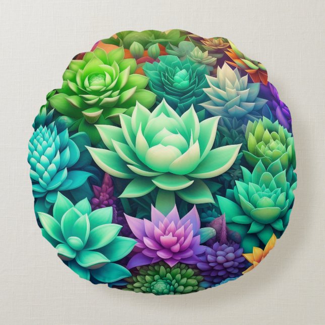 Aloe Vera och Succulents Collage Rund Kudde (Framsidan)