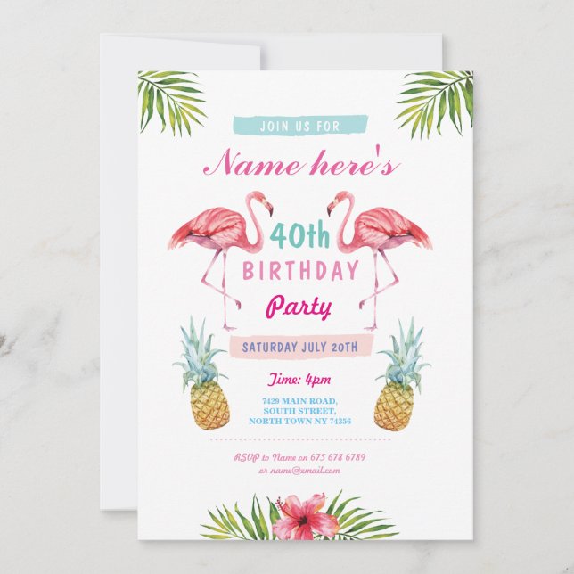 Aloha 40:e födelsedag Party Inbjudan Flamingo Trop (Framsida)