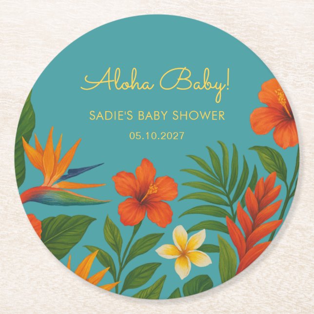 Aloha Baby! Chic Tropical Baby Shower Underlägg Papper Rund (Framsidan)