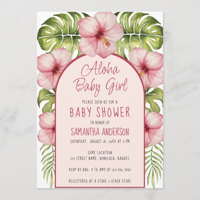 Aloha Baby Flicka Tropisk Bröllopsdusch Floral Akv Inbjudningar (Framsida)