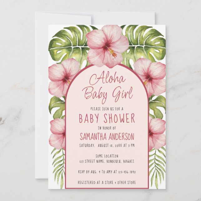 Aloha Baby Girl Tropisk Shower Floral Vattenfärg Inbjudningar (Framsida)