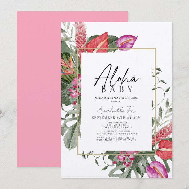 Aloha Baby Pink & Red Tropical Floral Baby Shower Inbjudningar (Fram/baksida)