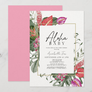 Aloha Baby Pink & Red Tropical Floral Baby Shower Inbjudningar
