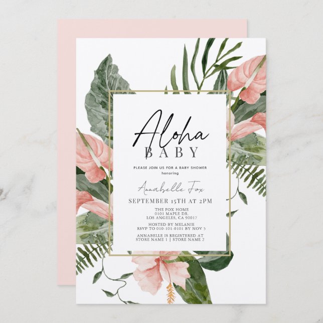 Aloha Baby Pink Tropical Floral Baby Shower Inbjudningar (Fram/baksida)