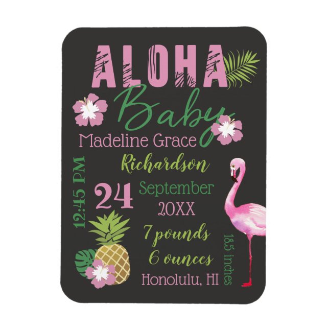 Aloha Baby Rosa & Grönt Tropical Baby Birdstat Magnet (Vertikal)