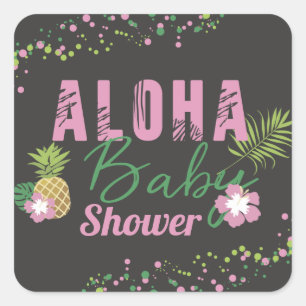 Aloha Baby Rosa & Grönt Tropical Girl Baby Shower Fyrkantigt Klistermärke