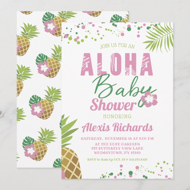 Aloha Baby Rosa & Grönt Tropical Girl Baby Shower Inbjudningar (Fram/baksida)