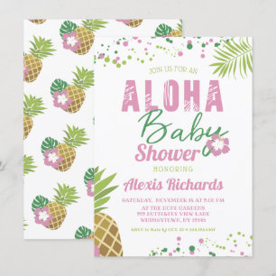 Aloha Baby Rosa & Grönt Tropical Girl Baby Shower Inbjudningar