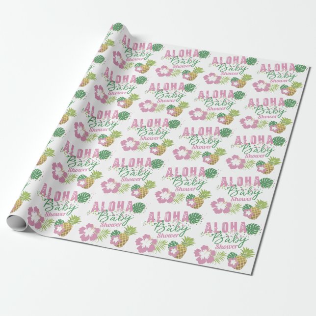 Aloha Baby Rosa & Grönt Tropical Girl Baby Shower Presentpapper (Utrullad)