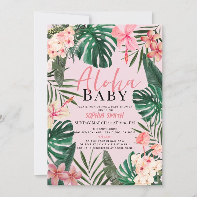 Aloha Baby Rosa Tropical Blommigt Girl Baby Shower Inbjudningar (Framsida)