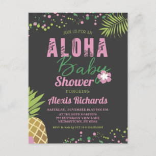 Aloha Baby Rosa Tropical Girl Baby Shower Mörk Inbjudan Vykort