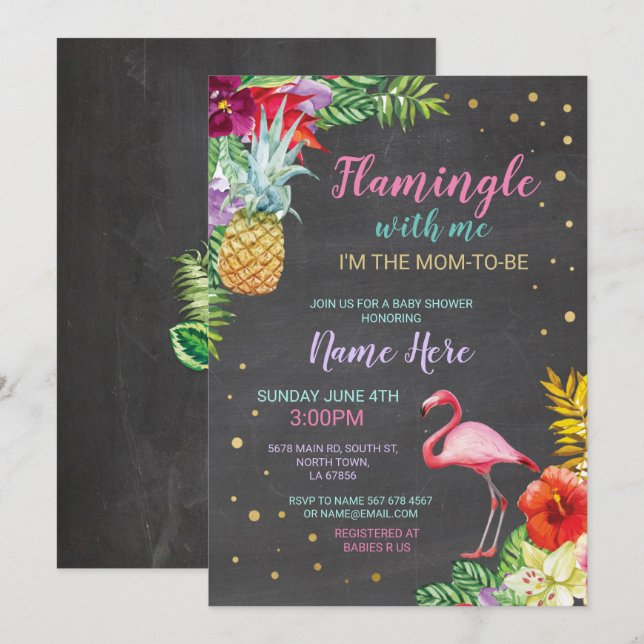 Aloha Baby Shower Flamingo Chalk Luau Guld Inbjuda Inbjudningar (Fram/baksida)