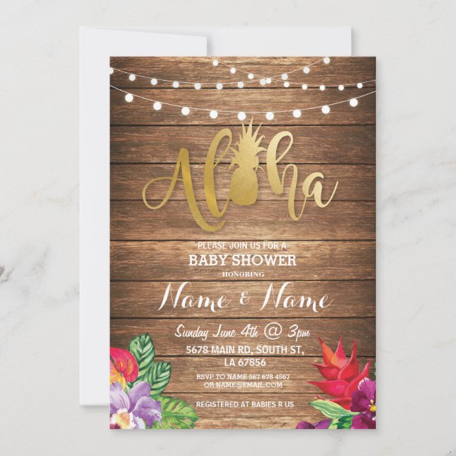 Aloha Baby Shower Pineapple Girl Boy Wood Inbjudan (Framsida)