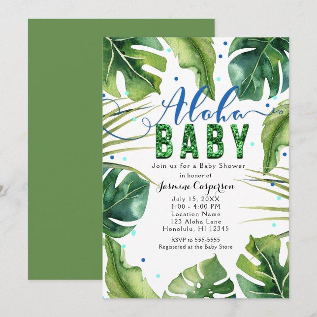 ALOHA BABY Shower Tropical Löv Blue Grönt Inbjudningar (Fram/baksida)