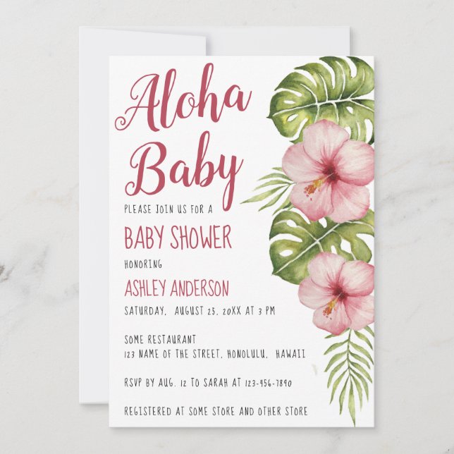 Aloha Baby Shower Tropisk Blommig Akvarell Rosa Inbjudningar (Framsida)