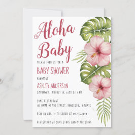 Aloha Baby Shower Tropisk Blommig Akvarell Rosa Inbjudningar