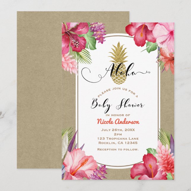 Aloha Baby Shower Tropisk Guld Ananas Blommig Inbjudningar (Fram/baksida)