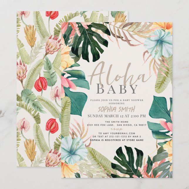 Aloha Baby Tropical Blommigt Baby Shower Inbjudningar (Fram/baksida)
