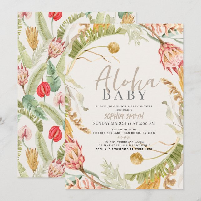 Aloha Baby Tropical Blommigt Botanical Baby Shower Inbjudningar (Fram/baksida)