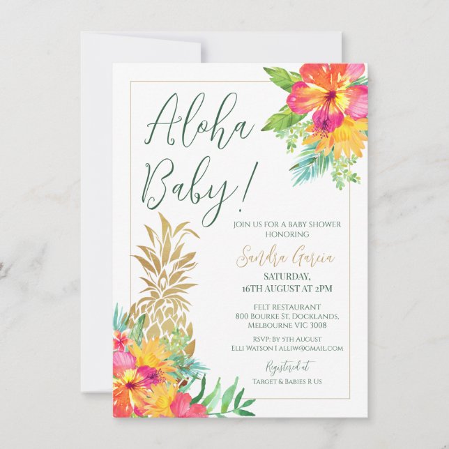 Aloha Baby Tropical Blommigt Pineapple Shower Inbjudningar (Framsida)