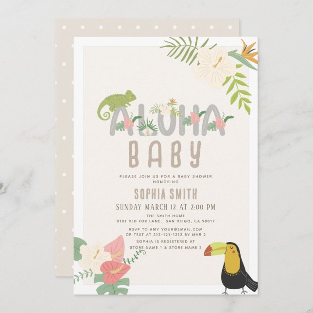 Aloha Baby Tropical Blommigt Toucan Baby Shower Inbjudningar (Fram/baksida)