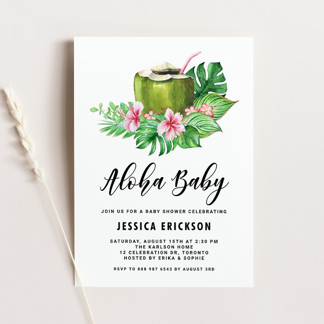 Aloha Baby Watercolor Coconut, sommarbabyskor Inbjudningar (Skapare uppladdad)