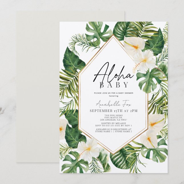 Aloha Baby White Tropical Blommigt Baby Shower Inbjudningar (Fram/baksida)
