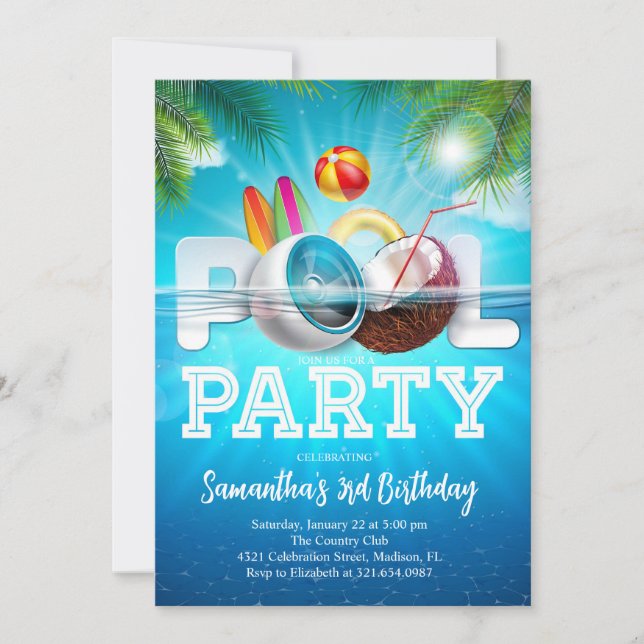 Aloha Bassäng Party Birthday Inbjudningar (Framsida)