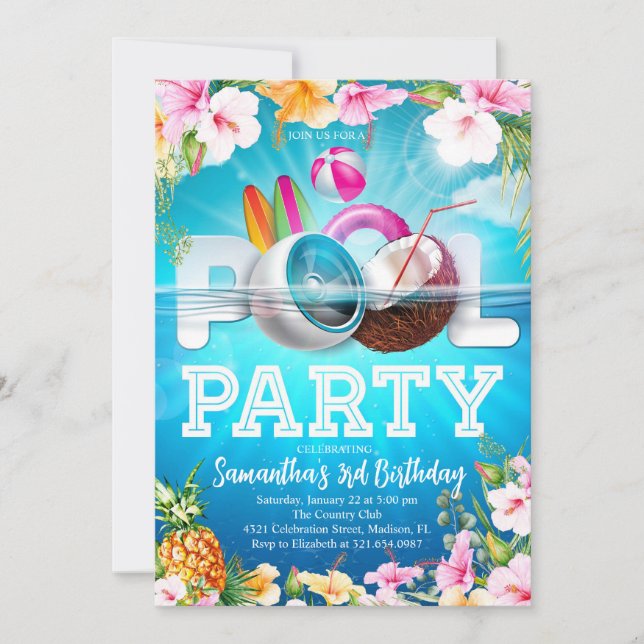 Aloha Bassäng Party Birthday Inbjudningar (Framsida)